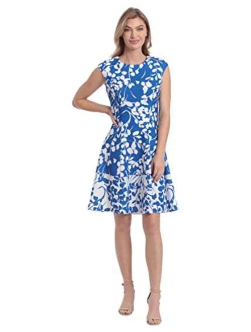 London Times Women's Floral Print Fit and Flare with Contrast Border at Hem