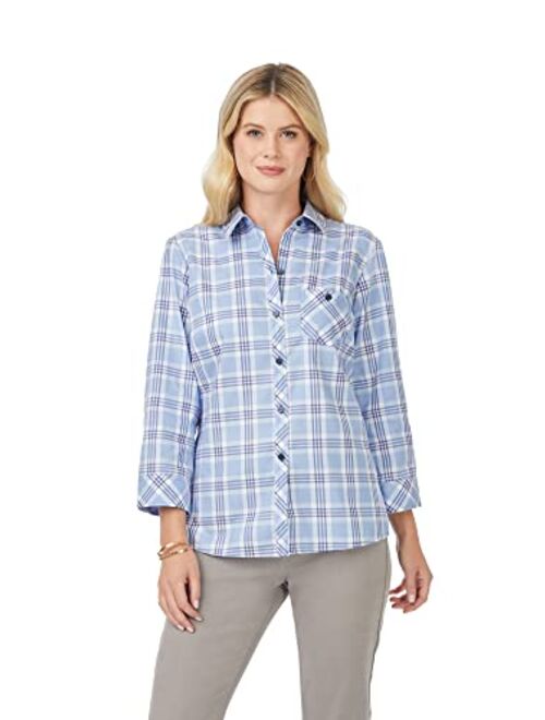 Foxcroft Women's Hampton 3/4 Sleeve Blue Plaid Shirt