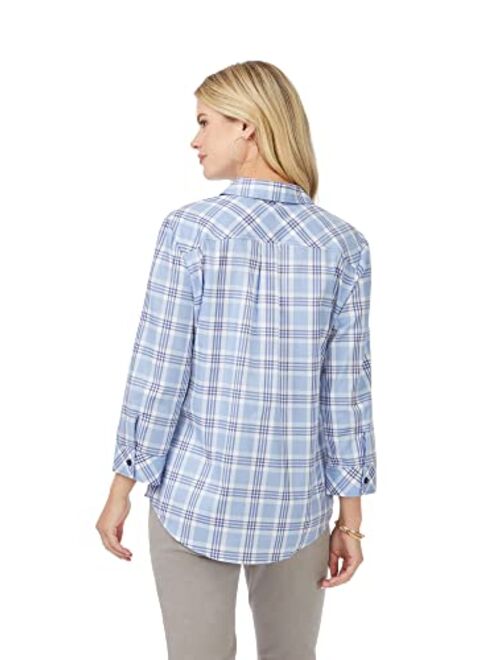 Foxcroft Women's Hampton 3/4 Sleeve Blue Plaid Shirt