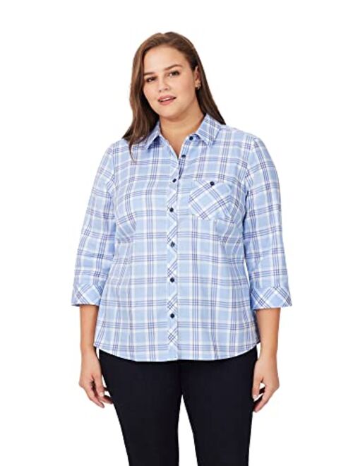 Foxcroft Women's Hampton 3/4 Sleeve Blue Plaid Shirt