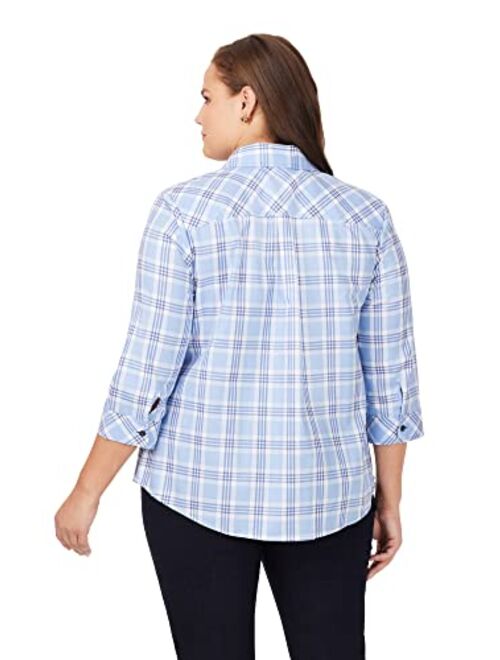 Foxcroft Women's Hampton 3/4 Sleeve Blue Plaid Shirt