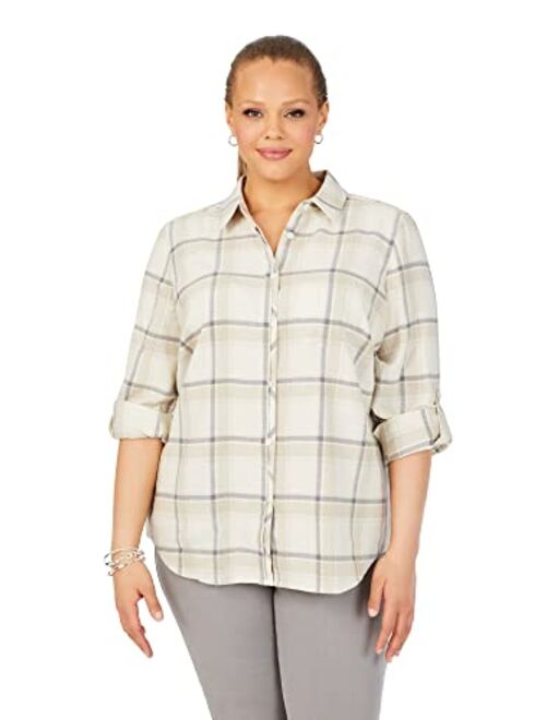 Foxcroft Women's Charlie Long Sleeve with Roll Tab Frost Plaid Blouse