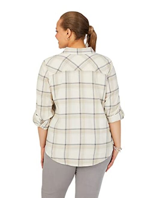 Foxcroft Women's Charlie Long Sleeve with Roll Tab Frost Plaid Blouse