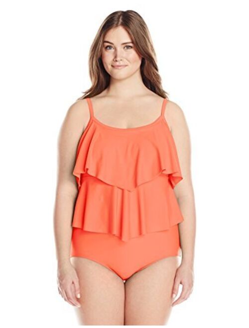 Maxine Of Hollywood Women's Plus-Size 2-Tiered Ruffle One Piece Swimsuit