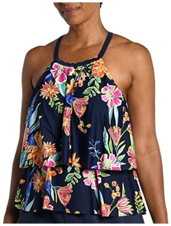 Hi Neck Double Ruffle Tankini Swimsuit Top