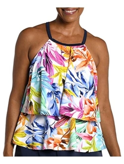 Hi Neck Double Ruffle Tankini Swimsuit Top