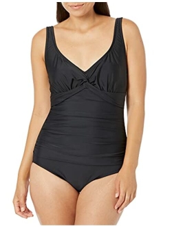 V-Neck Twist Front Shirred One Piece Swimsuit