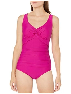 V-Neck Twist Front Shirred One Piece Swimsuit