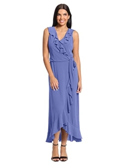 Women's Soft and Flowy Feminine Ruffle Hi-Low Faux Wrap Maxi Dress