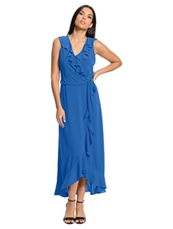 Women's Soft and Flowy Feminine Ruffle Hi-Low Faux Wrap Maxi Dress