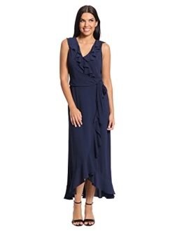 Women's Soft and Flowy Feminine Ruffle Hi-Low Faux Wrap Maxi Dress