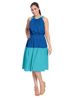 Women's Color Block Shoulder Tie Halter A-line Dress