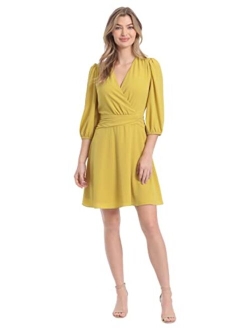 Women's Shirred Surplice Bishop Sleeve Dress