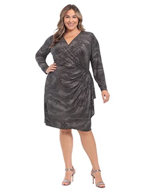 London Times Women's Plus Size Long Sleeve Surplus Bodice Dress with Draping Detail