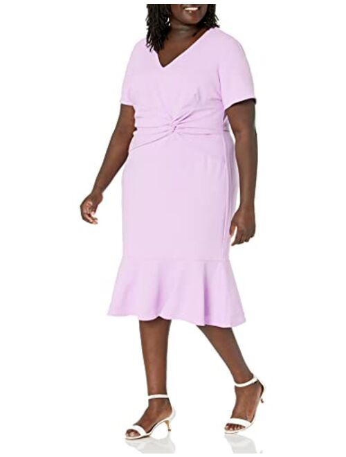 London Times Women's V-Neck Twist Midi with Flounce