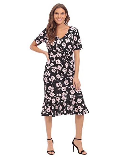 London Times Women's V-Neck Twist Midi with Flounce