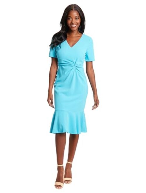 London Times Women's V-Neck Twist Midi with Flounce