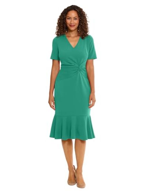 London Times Women's V-Neck Twist Midi with Flounce