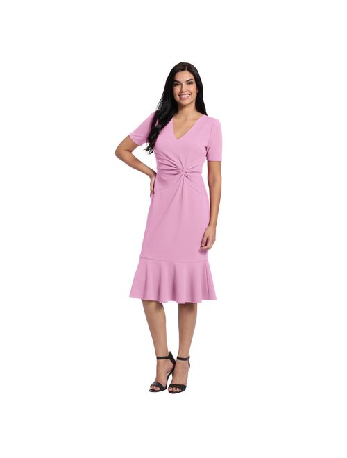 London Times Women's V-Neck Twist Midi with Flounce