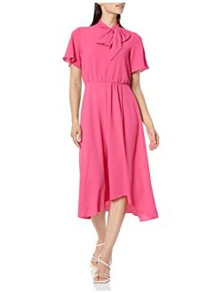 Women's Flutter Sleeve Tie Neck Blouson High Low Midi Dress