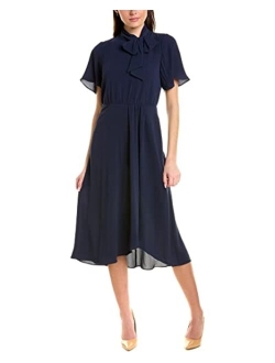 Women's Flutter Sleeve Tie Neck Blouson High Low Midi Dress