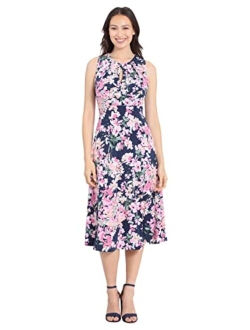 Women's Printed Sleeveless Versatile Empire A-line Keyhole Neckline Midi Dress