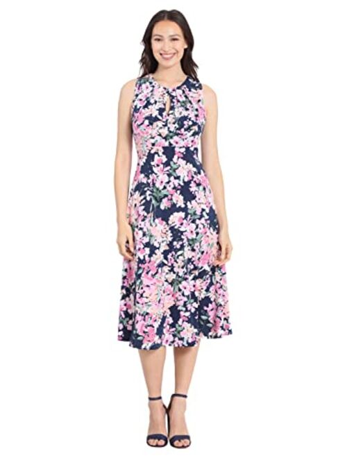 London Times Women's Printed Sleeveless Versatile Empire A-line Keyhole Neckline Midi Dress