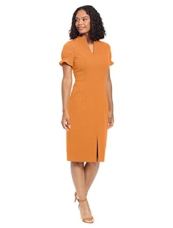 Women's Petite Open Neck Puff Feminine Sleeve Seamed Flattering Sheath Dress