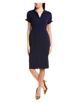 Women's Petite Open Neck Puff Feminine Sleeve Seamed Flattering Sheath Dress