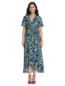 Women's Short Flutter Sleeve Faux Wrap High-Low Maxi Dress with Cascading Flounce