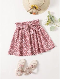 Girls Ditsy Floral Paperbag Waist Belted Skirt