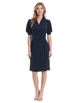 Women's Shirred Flounce Puff Sleeve Faux Wrap Dress