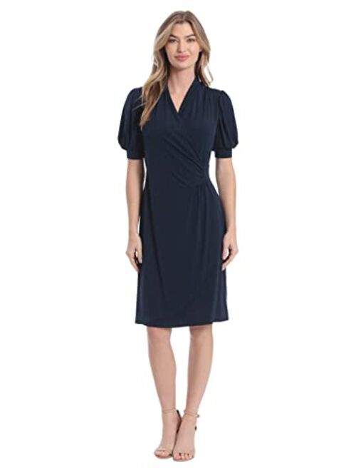 London Times Women's Shirred Flounce Puff Sleeve Faux Wrap Dress