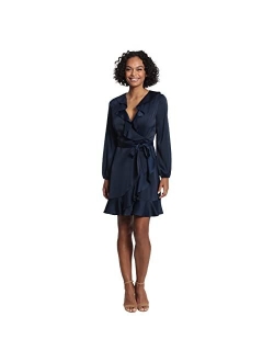 womens Long Sleeve Surplus V-neck Faux Wrap Dress With Ruffle Details