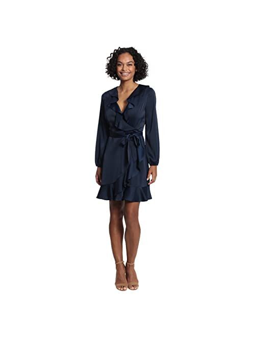 London Times womens Long Sleeve Surplus V-neck Faux Wrap Dress With Ruffle Details