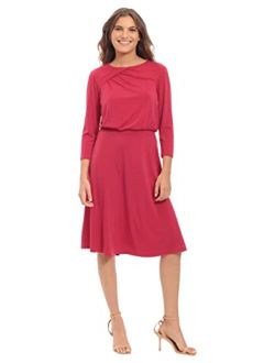 Women's Versatile Jewel Draped Neck Blouson 3/4 Sleeve Jersey Dress