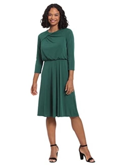 Women's Versatile Jewel Draped Neck Blouson 3/4 Sleeve Jersey Dress