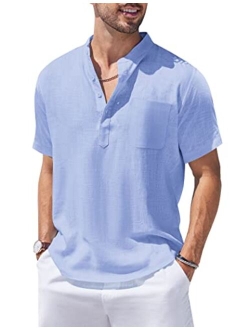 Men's Cotton Linen Henley Shirt Short Sleeve Hippie Casual Beach T Shirts with Pocket