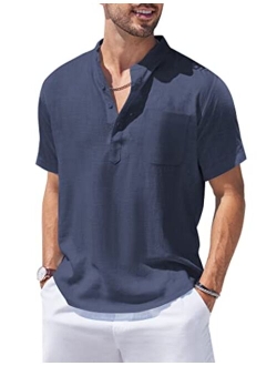 Men's Cotton Linen Henley Shirt Short Sleeve Hippie Casual Beach T Shirts with Pocket