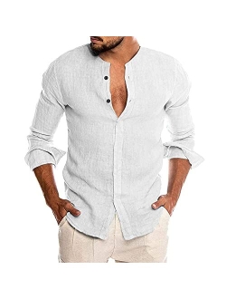 Men's Cotton Linen Shirt Long Sleeve Button Down Casual Beach Shirt