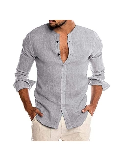 Men's Cotton Linen Shirt Long Sleeve Button Down Casual Beach Shirt