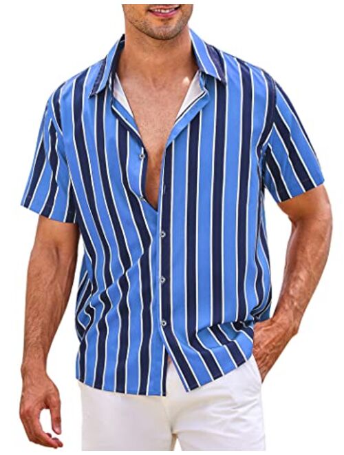 COOFANDY Men's Striped Button Down Shirts Casual Short Sleeve Hawaiian Summer Beach Shirt