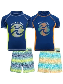 Boys' Rash Guard Set - 4 Piece UPF 50  Short Sleeve Swim Shirt and Bathing Suit Swimsuit Set (8-12)