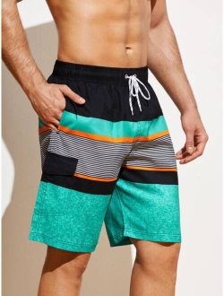 Men Color Block Striped Print Flap Detail Swim Trunks