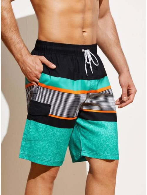 Shein Men Color Block Striped Print Flap Detail Swim Trunks