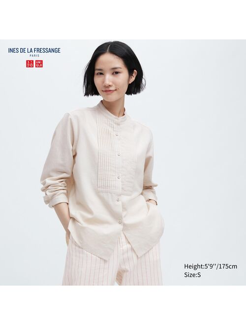 UNIQLO Linen Cotton Pintuck Long-Sleeve Shirt (Solid) (Ines de la Fressange)