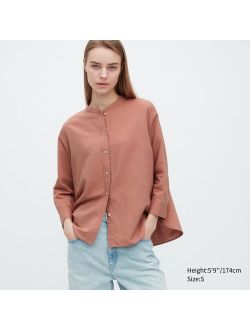 Linen Blend Band Collar 3/4-Sleeve Shirt