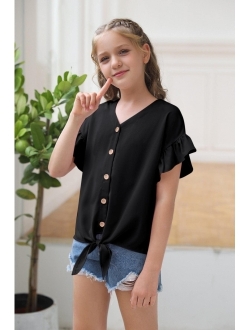 Girls Ruffle Short Sleeve Shirts V Neck Tie Front Knot Tops Button Cute Tunic Shirts Blouse