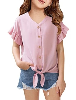 Girls Ruffle Short Sleeve Shirts V Neck Tie Front Knot Tops Button Cute Tunic Shirts Blouse