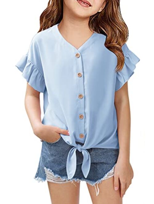 Fashare Girls Ruffle Short Sleeve Shirts V Neck Tie Front Knot Tops Button Cute Tunic Shirts Blouse